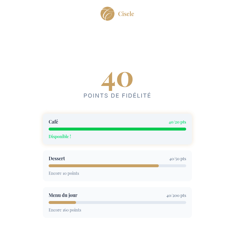 Interface tablette client Pledgr - consultation de points et récompenses